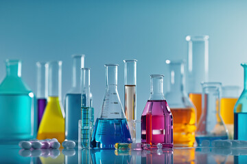 Row of Test Tubes Filled With Different Colored Liquids - obrazy, fototapety, plakaty
