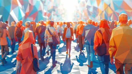 Crowded People Walking in One Direction Low Poly Style - obrazy, fototapety, plakaty