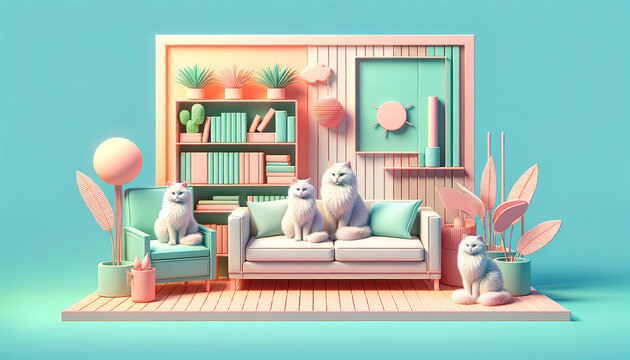 Pastel 3D Home with Fluffy Cats