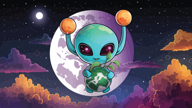 2d vector illustration chibi cute alien, holding sphere earth plant , full body , clean shape and line, white background, random moon background