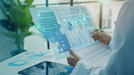 Analyzing futuristic data through an augmented reality interface.