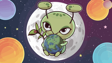 2d vector illustration chibi cute alien, holding sphere earth plant , full body , clean shape and line, white background, random moon background
