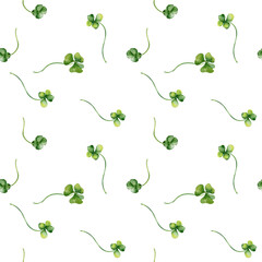 Shamrock and clover watercolor seamless pattern isolated on white background. Painted green four leaves. Hand drawn Celtic symbol. Design for St. Patrick day decoration, textile, wrapping, paper