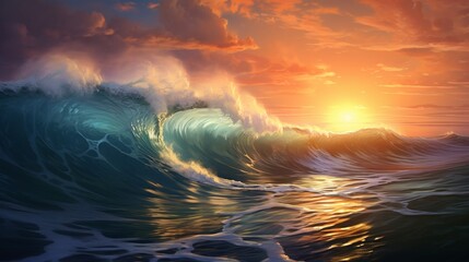 big tube wave in ocean or sea at sunset or sunrise. Surfing sport hobby background. Surf spot.