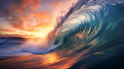 big tube wave in ocean or sea at sunset or sunrise. Surfing sport hobby background. Surf spot.