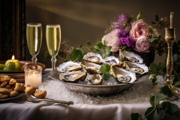 oysters at romantic seafood dinner with champagne in glasses