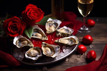 oysters at romantic seafood dinner with champagne in glasses