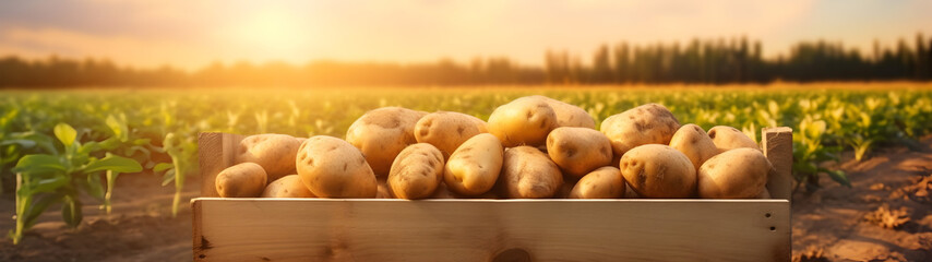 Potatoes harvested in a wooden box with field and sunset in the background. Natural organic fruit abundance. Agriculture, healthy and natural food concept. Horizontal composition. - obrazy, fototapety, plakaty