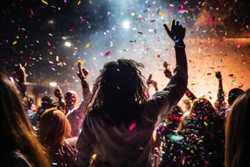 diverse people dancing at 80s style party with confetti having fun and enjoying life. Nightlife and clubbing.  - obrazy, fototapety, plakaty