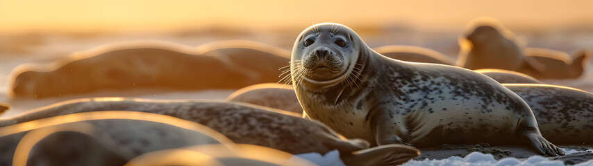Obraz premium Seal family in the ocean water with setting sun shining. Group of wild animals in nature. Horizontal, banner.