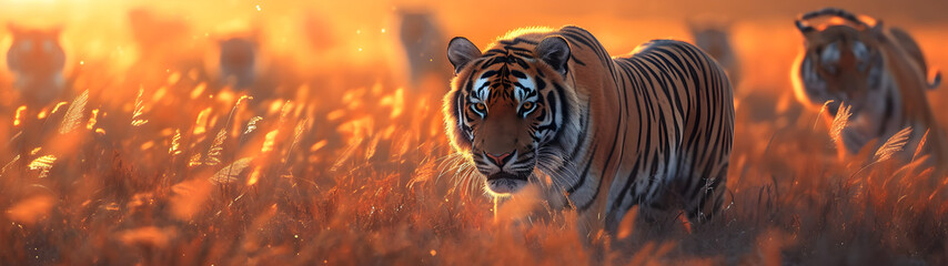 Tiger family in the savanna with setting sun shining. Group of wild animals in nature. Horizontal, banner.