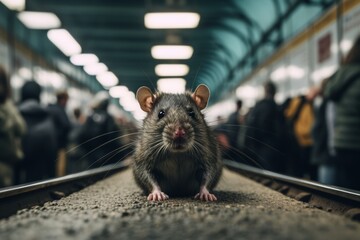 rat in metro underground tunnel in big city. Rats on the rise urban  issue. 