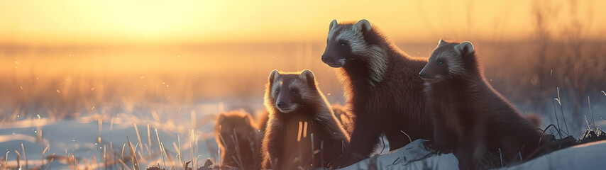 Wolverine family walking towards the camera in the forest with setting sun. Group of wild animals in nature. Horizontal, banner. - obrazy, fototapety, plakaty
