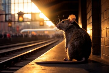 rat in metro underground platform in big city in the morning. Rats on the rise urban issue. 