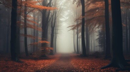mysterious gloomy foggy autumn forest landscape with trees with red foliage and leaves on the ground