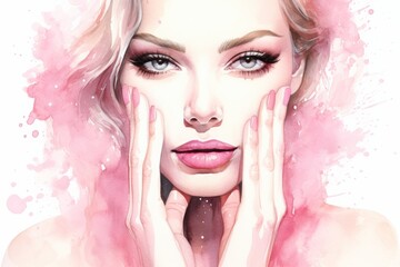 beautiful woman with pink nails watercolor illustration for manicure beauty salon poster 