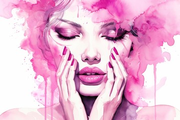 beautiful woman with pink nails watercolor illustration for manicure beauty salon poster
