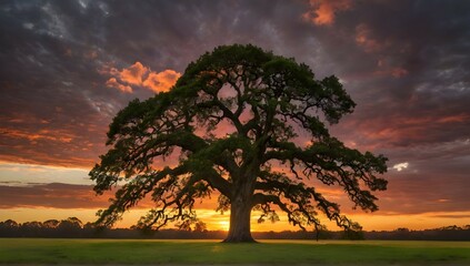 A majestic oak tree stands tall and proud, its branches reaching towards the sky as the sun sets behind a blanket of clouds. The lush green grass below provides a stark contrast to the fiery orange an - obrazy, fototapety, plakaty