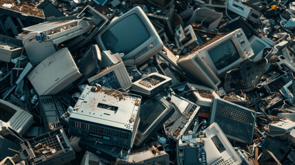 Pile of discarded electronics indicating e-waste issues. - obrazy, fototapety, plakaty