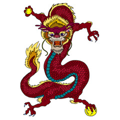 Japanese red dragon tattoo.Dragon on red background for Chinese New Year.Gold Chinese Dragon vector.Gold line art King Dragon tattoo.cartoon vector for t-shirt.