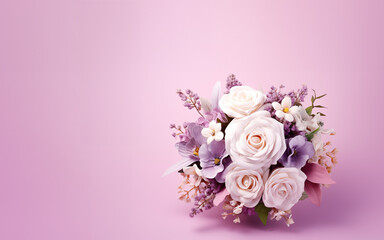 bouquet de fleur ultra romantique, dans les tons blanc, rose clair et violet, avec des roses et d'autres fleurs sur fond parme avec espace négatif copyspace, fête des mères, grand-mères, anniversaire - obrazy, fototapety, plakaty