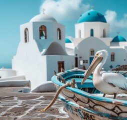 Santorini serenity, white pelican perched on boat in front of iconic blue-domed church, wings spread under sunny skies, capturing picturesque island scenery and greek coastal charm.