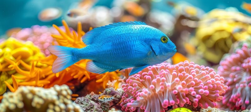 Vibrant chromis fish swimming among colorful corals in a saltwater aquarium environment
