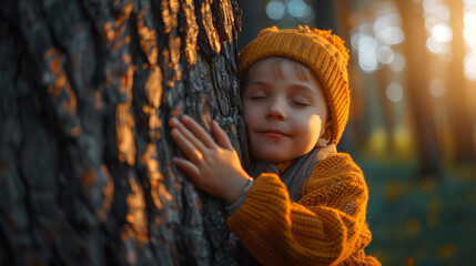 Embracing Sustainability: Child Hugging Tree in Net Zero and Carbon Neutral Concept. Generative AI.