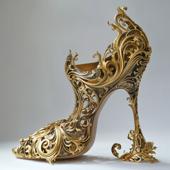 Fototapeta na wymiar Ornate Baroque-Inspired Golden High Heel Shoe