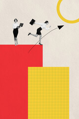 Collage artwork graphics picture of confident ladies achieving success together modern device...