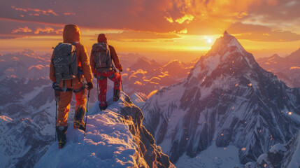 two mountain climbers on a peak with sunrise in the sky - obrazy, fototapety, plakaty
