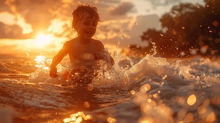 boy running and playing in the ocean waves having fun and being active