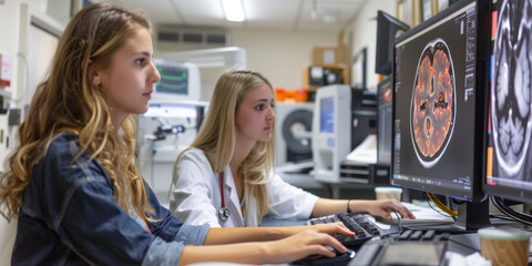 two women are working on computer using mris - obrazy, fototapety, plakaty