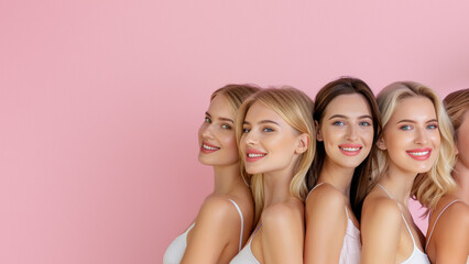 Group of four diverse women with makeup smiling against a plain pink backdrop, symbolizing diversity and friendship
