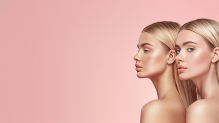 Side profiles of two women with identical styling, evoking themes of similarity and beauty on pink