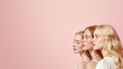 Triple image of one woman with different expressions in three profile views against a singular pastel pink background