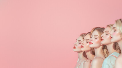 Replicated image sequence of three young women in profile view set against a vibrant pink backdrop