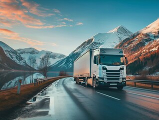 Majestic scene of a semi-truck navigating a highway with breathtaking snow-capped mountains in the background, symbolizing efficient transport amidst nature.