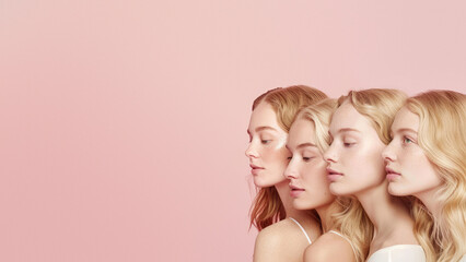 A quartet of women with light makeup facing in profile on a soft pink background, creating a soothing effect
