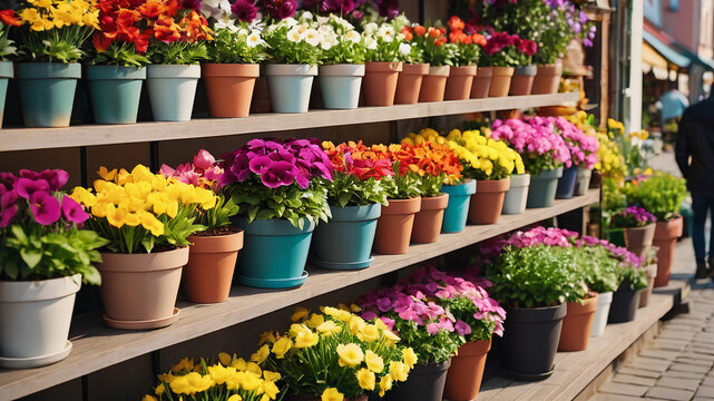 Many colorful blooming flowers in pots are displayed on shelf in floristic store or at street market. Spring planting 