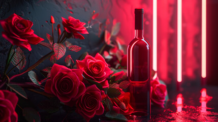 red laser Rose lines and a bottle of red wine in the mirro - obrazy, fototapety, plakaty