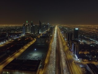 Drone shot capturing the bustling King Fahd Road in Riyadh, with city lights stretching into the horizon.