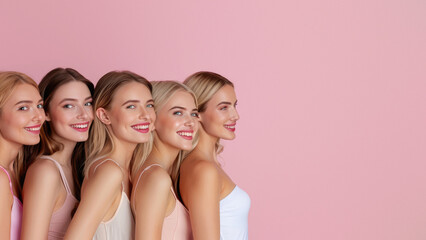 Three young women side by side with flawless skin and natural makeup, set against a pastel pink backdrop