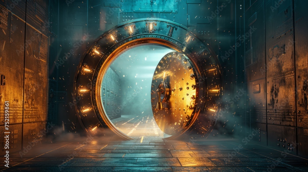 Poster secure financial technology vault door with futuristic interface. the concept of robust security mea