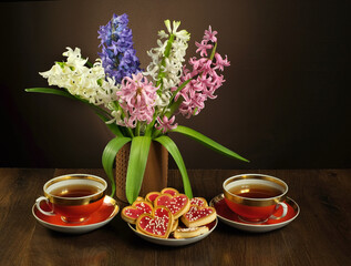 Still life with tea and a bouquet of hyacinths
