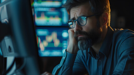 Fototapeta premium A male investment analyst looking at his computer screen thinking hard about his strategy.
