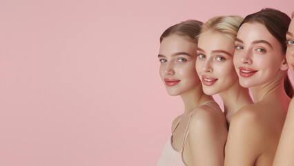 Three elegant women presenting a contemporary and diverse beauty aesthetic against a pink backdrop