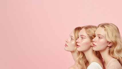Serene profile views of three blonde women with a focus on beauty and tranquility on a pink backdrop