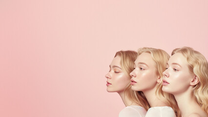 Horizontal image showing the profiles of three blonde women with serene expressions on a pink background
