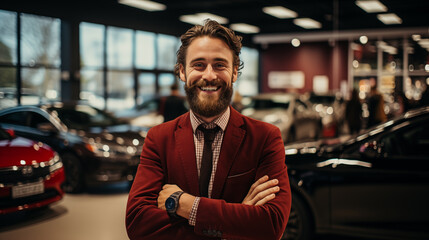 Smiling bearded sales consultant against the backdrop of luxury vehicles in a car showroom - obrazy, fototapety, plakaty